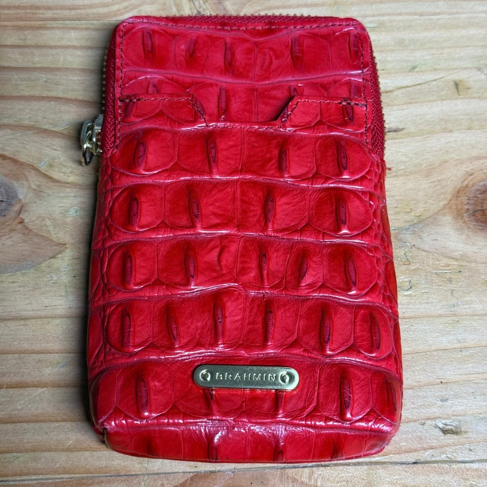 Brahmin Red Croc Embossed Leather Wristlet Wallet Zip Around Pouch No Strap